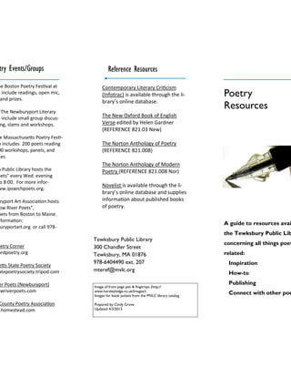 A guide to resources avai
the Tewksbury Public Lib
concerning all things poet
related:
Inspiration
How-to
Publishing
Connect with other poe
Poetry
Resources
he Boston Poetry Festival at
l include readings, open mic,
and prizes.
The Newburyport Literary
l include small group discus-
ng, slams and workshops.
e Massachusetts Poetry Festi-
m includes 200 poets reading
00 workshops, panels, and
ces
h Public Library hosts the
oets” every Wed. evening
o 8:00. For more infor-
ww.ipswichpoets.org.
ryport Art Association hosts
ow River Poets”,
oets from Boston to Maine.
nformation:
buryportart.org or call 978-
oetry Corner
ordpoetry.org
etts State Poetry Society
atepoetrysociety.tripod.com
er Poets (Newburyport)
owriverpoets.com
County Poetry Association
.homestead.com
try Events/Groups
Tewksbury Public Library
300 Chandler Street
Tewksbury, MA 01876
978-6404490 ext. 207
mteref@mvlc.org
Image of front page pen & fingertips (http://
www.horsleylodge.co.uk/Images/)
Images for book jackets from the MVLC library catalog
Prepared by Cindy Grove
Updated 4/3/2013
Reference Resources
Contemporary Literary Criticism
(Infotrac) is available through the li-
brary’s online database.
The New Oxford Book of English
Verse edited by Helen Gardner
(REFERENCE 821.03 New)
The Norton Anthology of Poetry
(REFERENCE 821.008)
The Norton Anthology of Modern
Poetry (REFERENCE 821.008 Nor)
Novelist is available through the li-
brary’s online database and supplies
information about published books
of poetry.
 