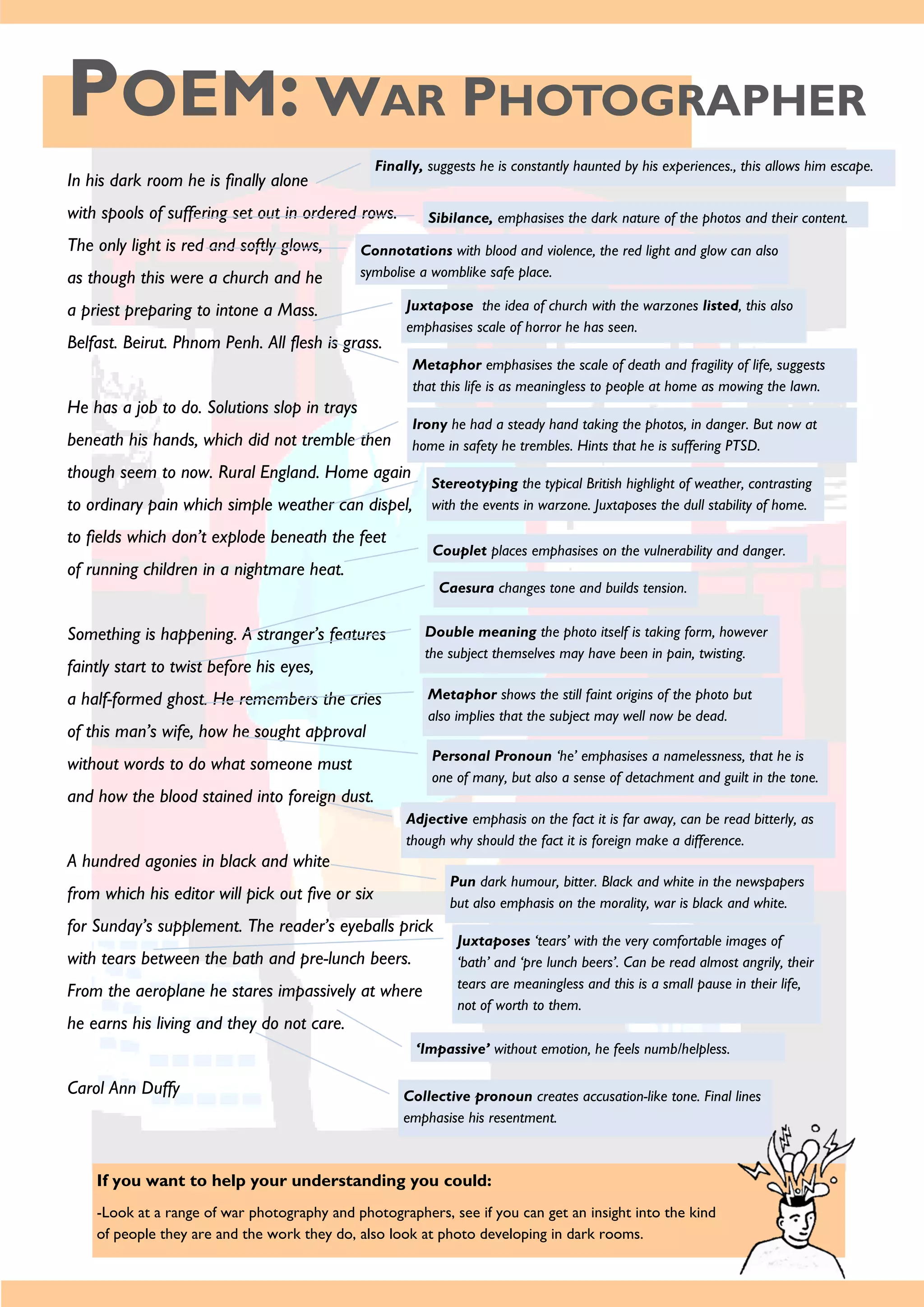 POEM: WAR PHOTOGRAPHER
If you want to help your understanding you could:
-Look at a range of war photography and photographers, see if you can get an insight into the kind
of people they are and the work they do, also look at photo developing in dark rooms.
In his dark room he is finally alone
with spools of suffering set out in ordered rows.
The only light is red and softly glows,
as though this were a church and he
a priest preparing to intone a Mass.
Belfast. Beirut. Phnom Penh. All flesh is grass.
He has a job to do. Solutions slop in trays
beneath his hands, which did not tremble then
though seem to now. Rural England. Home again
to ordinary pain which simple weather can dispel,
to fields which don’t explode beneath the feet
of running children in a nightmare heat.
Something is happening. A stranger’s features
faintly start to twist before his eyes,
a half-formed ghost. He remembers the cries
of this man’s wife, how he sought approval
without words to do what someone must
and how the blood stained into foreign dust.
A hundred agonies in black and white
from which his editor will pick out five or six
for Sunday’s supplement. The reader’s eyeballs prick
with tears between the bath and pre-lunch beers.
From the aeroplane he stares impassively at where
he earns his living and they do not care.
Carol Ann Duffy
Finally, suggests he is constantly haunted by his experiences., this allows him escape.
Sibilance, emphasises the dark nature of the photos and their content.
Connotations with blood and violence, the red light and glow can also
symbolise a womblike safe place.
Juxtapose the idea of church with the warzones listed, this also
emphasises scale of horror he has seen.
Metaphor emphasises the scale of death and fragility of life, suggests
that this life is as meaningless to people at home as mowing the lawn.
Irony he had a steady hand taking the photos, in danger. But now at
home in safety he trembles. Hints that he is suffering PTSD.
Stereotyping the typical British highlight of weather, contrasting
with the events in warzone. Juxtaposes the dull stability of home.
Couplet places emphasises on the vulnerability and danger.
Caesura changes tone and builds tension.
Double meaning the photo itself is taking form, however
the subject themselves may have been in pain, twisting.
Metaphor shows the still faint origins of the photo but
also implies that the subject may well now be dead.
Personal Pronoun ‘he’ emphasises a namelessness, that he is
one of many, but also a sense of detachment and guilt in the tone.
Adjective emphasis on the fact it is far away, can be read bitterly, as
though why should the fact it is foreign make a difference.
Pun dark humour, bitter. Black and white in the newspapers
but also emphasis on the morality, war is black and white.
Juxtaposes ‘tears’ with the very comfortable images of
‘bath’ and ‘pre lunch beers’. Can be read almost angrily, their
tears are meaningless and this is a small pause in their life,
not of worth to them.
‘Impassive’ without emotion, he feels numb/helpless.
Collective pronoun creates accusation-like tone. Final lines
emphasise his resentment.
 