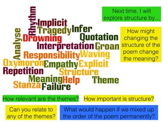 How important is structure?
What would happen if we mixed up
the order of the poem permanently?
How relevant are the themes?
How might
changing the
structure of the
poem change
the meaning?
Next time, I will
explore structure by...
Can you relate to
any of the themes?
 