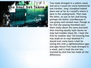 Two roads diverged in a yellow wood,
And sorry I could not travel bothAnd be
one traveler, long I stoodAnd looked
down one as far as I couldTo where it
bent in the undergrowth; Then took
the other, as just as fair,And having
perhaps the better claimBecause it
was grassy and wanted wear,Though as
for that the passing thereHad worn
them really about the same,And both
that morning equally layIn leaves no
step had trodden black.Oh, I kept the
first for another day! Yet knowing how
way leads on to wayI doubted if I
should ever come back.I shall be
telling this with a sighSomewhere ages
and ages hence: Two roads diverged in
a wood, and I,I took the one less
traveled by,And that has made all the
difference.

 