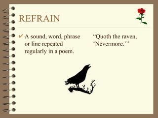 REFRAIN
 A sound, word, phrase   “Quoth the raven,
 or line repeated        ‘Nevermore.’”
 regularly in a poem.
 