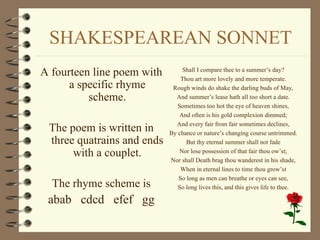 SHAKESPEAREAN SONNET
A fourteen line poem with
a specific rhyme
scheme.
The poem is written in
three quatrains and ends
with a couplet.
The rhyme scheme is
abab cdcd efef gg
Shall I compare thee to a summer’s day?
Thou art more lovely and more temperate.
Rough winds do shake the darling buds of May,
And summer’s lease hath all too short a date.
Sometimes too hot the eye of heaven shines,
And often is his gold complexion dimmed;
And every fair from fair sometimes declines,
By chance or nature’s changing course untrimmed.
But thy eternal summer shall not fade
Nor lose possession of that fair thou ow’st;
Nor shall Death brag thou wanderest in his shade,
When in eternal lines to time thou grow’st
So long as men can breathe or eyes can see,
So long lives this, and this gives life to thee.
 