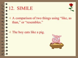 12. SIMILE 
4 A comparison of two things using “like, as 
than,” or “resembles.” 
4 The boy eats like a pig. 
 