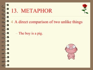 13. METAPHOR 
4 A direct comparison of two unlike things 
– The boy is a pig. 
 