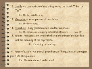 12. Simile – a comparison of two things using the words “like” or 
“as” 
Ex: The boy eats like a pig 
13. Metaphor – a com...
