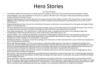 Hero Stories
                                                               The Hero's Journey
•   The Ordinary World: Here the person is introduced to the audience. S/he doesn't know her/his personal potential or calling.
•   Call to Adventure: The call to adventure is the point in a person's life when s/he is first given notice that everything is going to
    change, whether they know it or not.
•   Refusal of Call/Reluctant Hero: Often when the call is given, the future hero refuses to heed it. This may be from a sense of duty or
    obligation, fear, insecurity, a sense of inadequacy, or any of a range of reasons that work to hold the person in his or her current
    circumstances.
•   Meeting Wise Mentor: Once the hero has committed to the quest, consciously or unconsciously, his or her guide and magical helper
    appears, or becomes known.
•   The First Threshold :This is the point where the person actually crosses into the field of adventure, leaving the known limits of his or
    her world and venturing into an unknown and dangerous realm where the rules and limits are not known.
•   Tests, Allies and Enemies : The road of trials is a series of tests, tasks, or ordeals that the person must undergo to begin the
    transformation. Often the person fails one or more of these tests, which often occur in 3s.
•   Supreme Ordeal : This is sometimes described as the person's lowest point or darkest moment. The separation has been made
    between the old world and old self and the potential for a new world/self. By entering this stage, the person shows her/his
    willingness to make a change, to die and become a new person.
•   Revisiting the Mentor : The person revisits the teachings of an old mentor or meets and learns from a new mentor and subsequently
    returns to the path s/he started on.
•   Return with New Knowledge : The trick in returning is to retain the wisdom gained on the quest, to integrate that wisdom into a
    human life, and then maybe figure out how to share the wisdom with the rest of the world. This is usually extremely difficult. Just as
    the hero may need guides and assistants to set out on the quest, often times he or she must have powerful guides and rescuers to
    bring them back to everyday life, especially if the person has been wounded or weakened by the experience.
•   Seizing the Sword (or Prize) : Here the hero confronts and defeats old enemies with the new power and knowledge gained. S/he is
    able to overthrow or defeat the opponent.
•   Resurrection : The old self dies physically or spiritually and moves beyond the normal human state. This is a god-like state where the
    hero acknowledges her/his new stature. Another way of looking at this step is that it is a period of rest, peace and fulfillment before
    the hero begins the return.
•   Return with Elixir*: The return with elixir is the achievement of the goal of the quest. It is what the person went on the journey to
    get. All the previous steps serve to prepare and purify the person for this step, since in many myths the elixir is like a plant, or a magic
    potion or medicine, that supplies immortality. For a human hero, it means achieving a balance between material and spiritual world.
    There is freedom to live and freedom from the fear of death. This is sometimes referred to as "living in the moment".
 