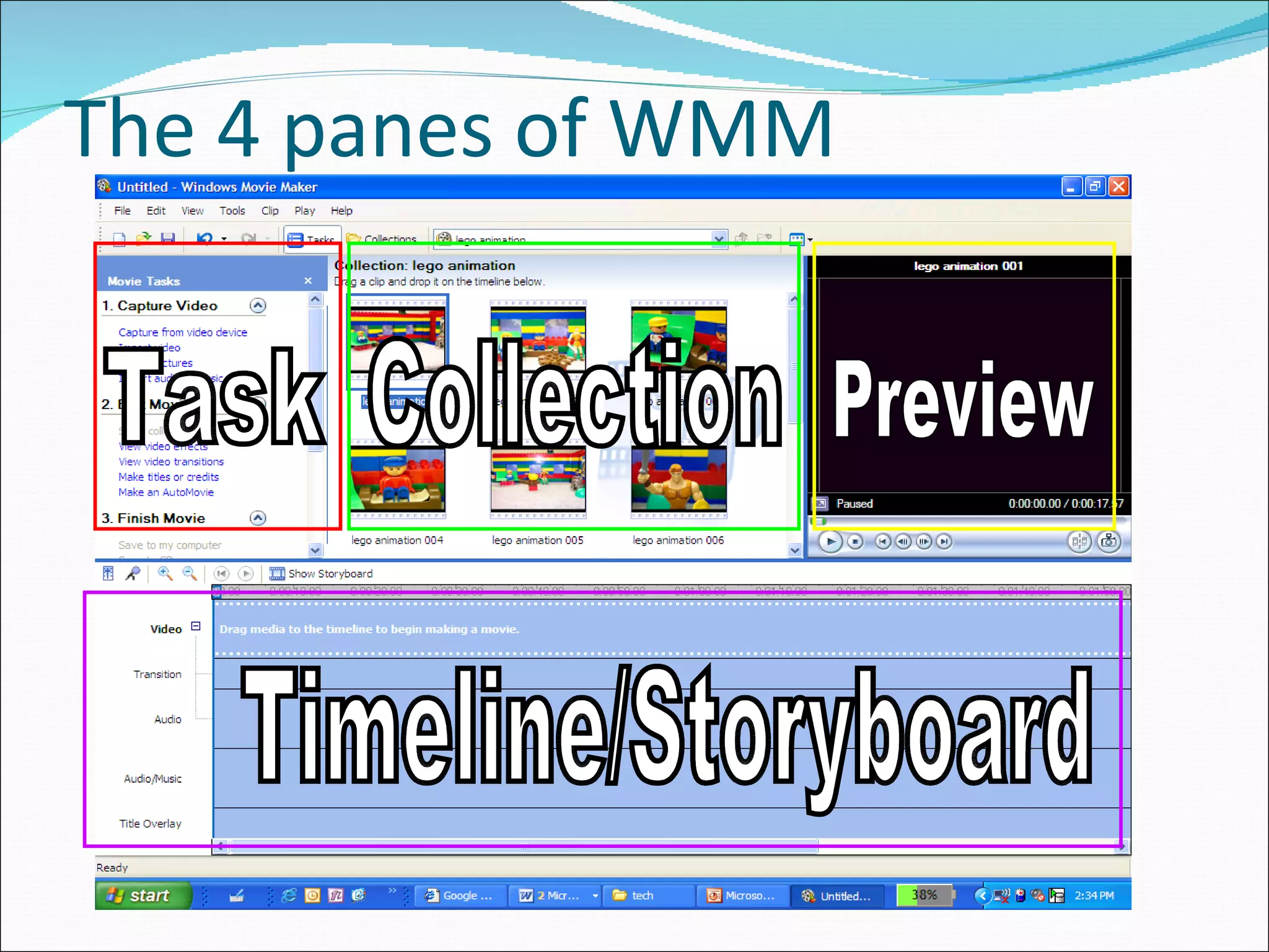 The 4 panes of WMM Task Collection Preview Timeline/Storyboard 