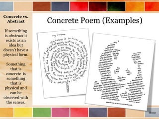Concrete Poem (Examples)
Concrete vs.
Abstract
If something
is abstract it
exists as an
idea but
doesn’t have a
physical form.
Something
that is
concrete is
something
that is
physical and
can be
observed with
the senses.
Home
 