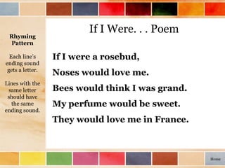 If I Were. . . Poem
If I were a rosebud,
Noses would love me.
Bees would think I was grand.
My perfume would be sweet.
They would love me in France.
Rhyming
Pattern
Each line’s
ending sound
gets a letter.
Lines with the
same letter
should have
the same
ending sound.
Home
 
