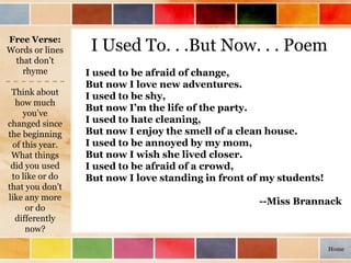 I Used To. . .But Now. . . Poem
Think about
how much
you’ve
changed since
the beginning
of this year.
What things
did you used
to like or do
that you don’t
like any more
or do
differently
now?
I used to be afraid of change,
But now I love new adventures.
I used to be shy,
But now I’m the life of the party.
I used to hate cleaning,
But now I enjoy the smell of a clean house.
I used to be annoyed by my mom,
But now I wish she lived closer.
I used to be afraid of a crowd,
But now I love standing in front of my students!
--Miss Brannack
Free Verse:
Words or lines
that don’t
rhyme
Home
 
