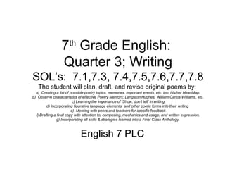 7th
Grade English:
Quarter 3; Writing
SOL’s: 7.1,7.3, 7.4,7.5,7.6,7.7,7.8
The student will plan, draft, and revise original poems by:
a) Creating a list of possible poetry topics, memories, important events, etc. into his/her HeartMap.
b) Observe characteristics of effective Poetry Mentors: Langston Hughes, William Carlos Williams, etc.
c) Learning the importance of ‘Show, don’t tell’ in writing
d) Incorporating figurative language elements and other poetic forms into their writing
e) Meeting with peers and teachers for specific feedback
f) Drafting a final copy with attention to; composing, mechanics and usage, and written expression.
g) Incorporating all skills & strategies learned into a Final Class Anthology
English 7 PLC
 