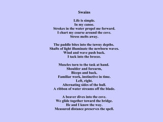 Swains   Life is simple. In my canoe. Strokes in the water propel me forward. I chart my course around the cove. Stress melts away.   The paddle bites into the tawny depths.  Shafts of light illuminate the newborn waves. Wind and wave push back. I tack into the breeze.   Muscles turn to the task at hand.  Shoulder and forearm, Biceps and back. Familiar work, instinctive in time. Left, right. Alternating sides of the hull. A ribbon of water streams off the blade.   A beaver dives into the cove. We glide together toward the bridge. He and I know the way. Measured distance preserves the spell. 