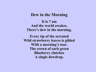 Dew in the Morning   It is 7 am And the world awakes. There’s dew in the morning.   Every tip of the serrated Wild strawberry leaves is gilded With a morning’s tear. The crown of each green Blueberry clutches A single dewdrop. 