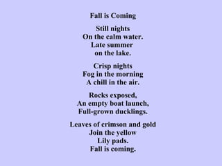 Fall is Coming   Still nights On the calm water. Late summer  on the lake.   Crisp nights Fog in the morning A chill in the air.   Rocks exposed, An empty boat launch, Full-grown ducklings.   Leaves of crimson and gold Join the yellow Lily pads. Fall is coming. 