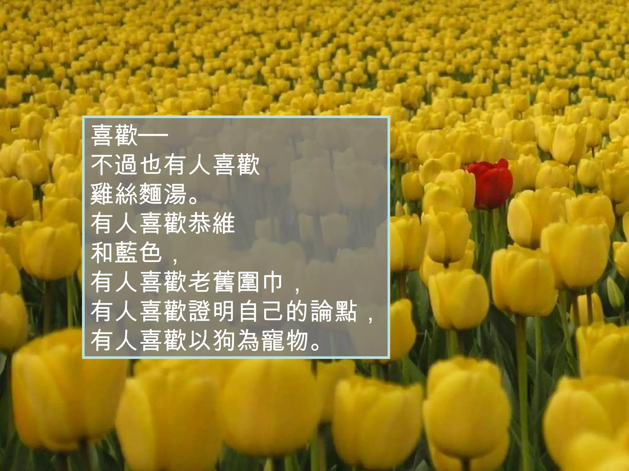 喜歡── 不過也有人喜歡 雞絲麵湯。 有人喜歡恭維 和藍色， 有人喜歡老舊圍巾， 有人喜歡證明自己的論點， 有人喜歡以狗為寵物。 