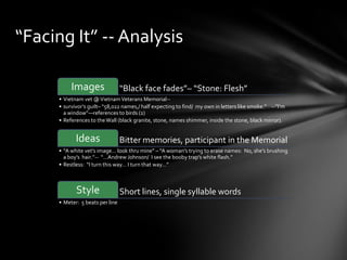 “Facing It” -- Analysis

           Images                 “Black face fades”– “Stone: Flesh”
      • Vietnam vet @ Vietnam Veterans Memorial--
      • survivor’s guilt– “58,022 names,/ half expecting to find/ my own in letters like smoke.” --”I’m
        a window”—references to birds (2)
      • References to the Wall (black granite, stone, names shimmer, inside the stone, black mirror).


             Ideas                Bitter memories, participant in the Memorial
      • “A white vet’s image… look thru mine” – “A woman’s trying to erase names: No, she’s brushing
        a boy’s hair.”-- “…Andrew Johnson/ I see the booby trap’s white flash.”
      • Restless: “I turn this way… I turn that way…”



             Style                Short lines, single syllable words
      • Meter: 5 beats per line
 