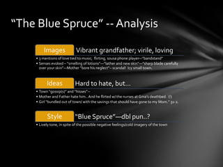 “The Blue Spruce” -- Analysis

        Images              Vibrant grandfather; virile, loving
    • 3 mentions of love tied to music; flirting, sousa phone player—”bandstand”
    • Senses evoked – “smelling of lotions”—”lather and new skin”—”sharp blade carefully
      over your skin”—Mother “bore his neglect”– scandal! Icy small town.



          Ideas             Hard to hate, but…
    • Town “gossip(s)” and “hisses”--
    • Mother and Father hate him.. And he flirted w/ the nurses at Gma’s deathbed. (!)
    • Girl “bundled out of town/ with the savings that should have gone to my Mom.” 31-2.


          Style             “Blue Spruce”—dbl pun..?
    • Lively tone, in spite of the possible negative feelings/cold imagery of the town
 