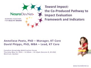 www.neurodevnet.ca
WORKING TOGETHER
FOR HEALTHY BRAINS
Anneliese Poetz, PhD – Manager, KT Core
David Phipps, PhD, MBA – Lead, KT Core
Canadian Knowledge Mobilization Forum
Thursday May 14, 2015 – 11:00am – 12:15pm (Session D, M-450)
Montreal, Quebec
 