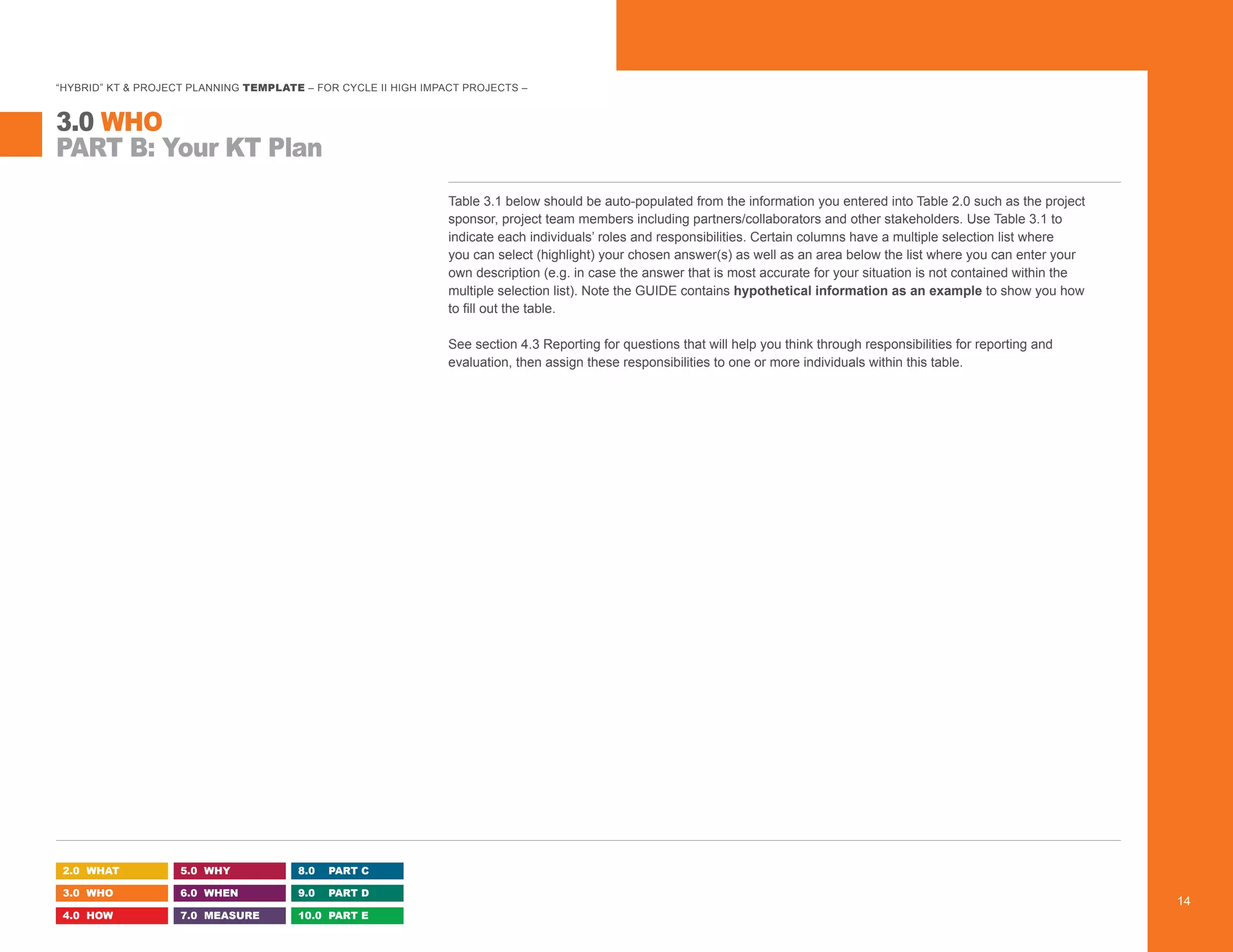 “HYBRID” KT & PROJECT PLANNING TEMPLATE – FOR CYCLE II HIGH IMPACT PROJECTS –
Table 3.1 below should be auto-populated from the information you entered into Table 2.0 such as the project
sponsor, project team members including partners/collaborators and other stakeholders. Use Table 3.1 to
indicate each individuals’ roles and responsibilities. Certain columns have a multiple selection list where
you can select (highlight) your chosen answer(s) as well as an area below the list where you can enter your
own description (e.g. in case the answer that is most accurate for your situation is not contained within the
multiple selection list). Note the GUIDE contains hypothetical information as an example to show you how
to fill out the table.
See section 4.3 Reporting for questions that will help you think through responsibilities for reporting and
evaluation, then assign these responsibilities to one or more individuals within this table.
PART B: Your KT Plan
3.0 WHO
2.0 WHAT
3.0 WHO
4.0 HOW
5.0 WHY
6.0 WHEN
7.0 MEASURE
8.0 PART C
9.0 PART D
10.0 PART E
14
 