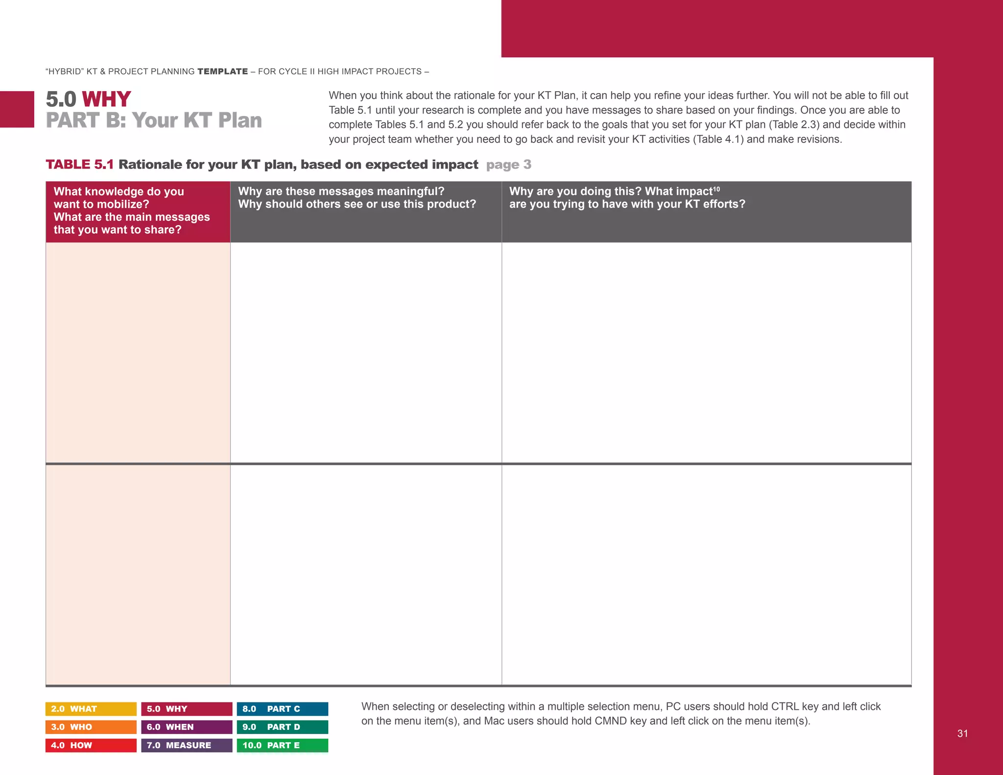 “HYBRID” KT & PROJECT PLANNING TEMPLATE – FOR CYCLE II HIGH IMPACT PROJECTS –
When selecting or deselecting within a multiple selection menu, PC users should hold CTRL key and left click
on the menu item(s), and Mac users should hold CMND key and left click on the menu item(s).
When you think about the rationale for your KT Plan, it can help you refine your ideas further. You will not be able to fill out
Table 5.1 until your research is complete and you have messages to share based on your findings. Once you are able to
complete Tables 5.1 and 5.2 you should refer back to the goals that you set for your KT plan (Table 2.3) and decide within
your project team whether you need to go back and revisit your KT activities (Table 4.1) and make revisions.
TABLE 5.1 Rationale for your KT plan, based on expected impact page 3
Why are these messages meaningful?
Why should others see or use this product?
Why are you doing this? What impact10
are you trying to have with your KT efforts?
PART B: Your KT Plan
5.0 WHY
2.0 WHAT
3.0 WHO
4.0 HOW
5.0 WHY
6.0 WHEN
7.0 MEASURE
8.0 PART C
9.0 PART D
10.0 PART E
31
What knowledge do you
want to mobilize?
What are the main messages
that you want to share?
Change attitudes
Change behaviour or practice
Engage stakeholders
Fulfill funding requirements
Generate interest or awareness
Influence policy action
Share knowledge/experience/tools
Validate/legitimize/defend a position
Increase knowledge of practitioners
Increase knowledge of policymakers
other (specify)
Change attitudes
Change behaviour or practice
Engage stakeholders
Fulfill funding requirements
Generate interest or awareness
Influence policy action
Share knowledge/experience/tools
Validate/legitimize/defend a position
Increase knowledge of practitioners
Increase knowledge of policymakers
other (specify)
 
