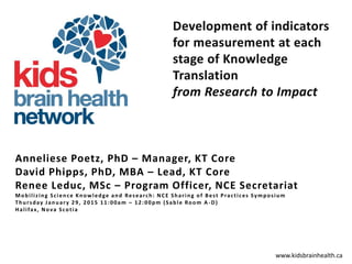www.kidsbrainhealth.ca
Anneliese Poetz, PhD – Manager, KT Core
David Phipps, PhD, MBA – Lead, KT Core
Renee Leduc, MSc – Program Officer, NCE Secretariat
Mobilizing Science Knowledge and Research: NCE Sharing of Best Practices Symposium
Thursday January 29, 2015 11:00am – 12:00pm (Sable Room A -D)
Halifax, Nova Scotia
 