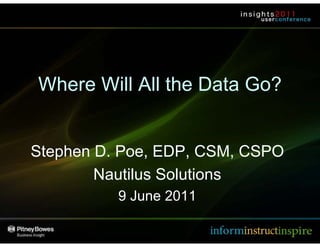 Where Will All the Data Go?


        Stephen D. Poe, EDP, CSM, CSPO
                Nautilus Solutions
                                  9 June 2011

Slide 1
Copyright © 2011 Stephen D. Poe
 