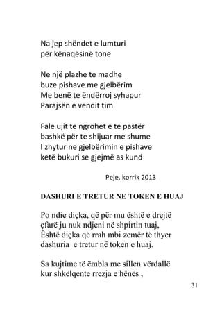 31
Na jep shëndet e lumturi
për kënaqësinë tone
Ne një plazhe te madhe
buze pishave me gjelbërim
Me benë te ëndërroj syhapur
Parajsën e vendit tim
Fale ujit te ngrohet e te pastër
bashkë për te shijuar me shume
I zhytur ne gjelbërimin e pishave
ketë bukuri se gjejmë as kund
Peje, korrik 2013
DASHURI E TRETUR NE TOKEN E HUAJ
Po ndie diçka, që për mu është e drejtë
çfarë ju nuk ndjeni në shpirtin tuaj,
Është diçka që rrah mbi zemër të thyer
dashuria e tretur në token e huaj.
Sa kujtime të ëmbla me sillen vërdallë
kur shkëlqente rrezja e hënës ,
 