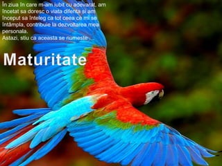 Înziuaîn care m-am iubit cu adevarat, am încetatsadoresc o viatadiferitasiam începutsaînteleg ca tot ceeace mi se întâmpla, contribuie la dezvoltarea mea personala.Astazi, stiu ca aceasta se numeste …Maturitate