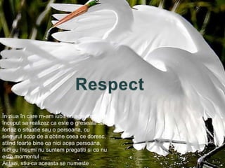 RespectÎnziuaîn care m-am iubit cu adevarat, am începutsarealizez ca este o gresealasafortez o situatiesau o persoana, cu singurulscop de a obtineceeacedoresc, stiindfoartebine ca niciaceapersoana, nicieuînsumi nu suntempregatitisi ca nu estemomentul …Astazi, stiu ca aceasta se numeste …