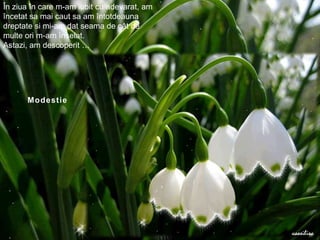 Înziuaîn care m-am iubit cu adevarat, am încetatsamaicautsa am întotdeaunadreptatesi mi-am datseama de cât de multeori m-am înselat.Astazi, am descoperit …Modestie