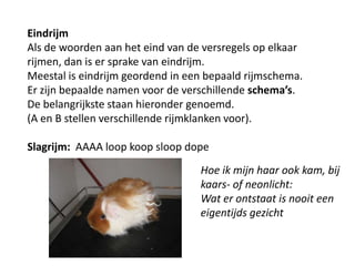 EindrijmAls de woorden aan het eind van de versregels op elkaar rijmen, dan is er sprake van eindrijm. Meestal is eindrijm geordend in een bepaald rijmschema. Er zijn bepaalde namen voor de verschillende schemas. De belangrijkste staan hieronder genoemd.(A en B stellen verschillende rijmklanken voor).Slagrijm:  AAAA loop koop sloop dopeHoe ik mijn haar ook kam, bij kaars- of neonlicht:Wat er ontstaat is nooit een eigentijds gezicht