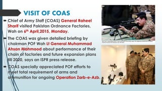 VISIT OF COAS
 Chief of Army Staff (COAS) General Raheel
Sharif visited Pakistan Ordnance Factories,
Wah on 6th April,2015, Monday.
 The COAS was given detailed briefing by
chairman POF Wah Lt General Muhammad
Ahsan Mahmood about performance of their
chain of factories and future expansion plans
till 2020, says an ISPR press release.
 COAS specially appreciated POF efforts to
meet total requirement of arms and
ammunition for ongoing Operation Zarb-e-Azb.
 