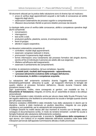 Istituto Comprensivo Lodi 1° – Piano dell’Offerta Formativa 2015-2016
20
Gli strumenti utilizzati per la pratica della valutazione sono di diverso tipo ed implicano:
• prove di verifica degli apprendimenti acquisiti e del livello di conoscenze ed abilità
raggiunto dagli alunni;
• osservazioni sistematiche dei processi cognitivi e comportamentali;
• riflessioni documentate riferibili ai percorsi didattici promossi dai docenti.
La tipologia delle prove di verifica delle conoscenze, abilità e competenze operative degli
alunni comprende:
• conversazioni;
• interrogazioni;
• test scritti o orali;
• produzioni grafiche, plastiche, sonore, di animazione teatrale;
• lavori di gruppo;
• attività in coppie cooperative.
Le rilevazioni sistematiche consentono di:
• controllare i risultati degli apprendimenti;
• osservare i progressi realizzati in itinere;
• promuovere il superamento degli ostacoli;
• fornire informazioni circa l’andamento del processo formativo del singolo alunno,
(anche al fine di individuare il percorso più adatto alle sue esigenze);
• riflettere sull’efficacia dell’insegnamento;
• osservare il cambiamento dei comportamenti.
In sintesi, la valutazione scolastica, nel suo complesso, riguarda:
• i prodotti (esiti, risultati) dell’insegnamento - apprendimento;
• i processi (dinamiche evolutive) dello sviluppo dell’alunno;
• le conoscenze, le abilità e competenze acquisite.
La valutazione dell’ andamento scolastico diventa l’oggetto delle comunicazioni
bimestrali/quadrimestrali attraverso la quale gli insegnanti informano le famiglie del
quadro relativo al processo formativo dell'alunno, rilevato durante l’insieme delle
procedure messe in atto.
Ogni quadrimestre, inoltre, viene consegnato ai genitori, con modalità on line, il
Documento di Valutazione, integrato, di norma, da un’ assemblea di classe o da colloqui
personalizzati.
In fase sperimentale è stato introdotto anche per alcune classi della Scuola Primaria l’uso
del registro elettronico che faciliterà la comunicazione tra scuola e famiglia quando diverrà
per tutti prassi consolidata.
Dall’anno scolastico 2008/2009 è stato introdotto l’uso della valutazione in decimi per le
discipline, mentre è stato mantenuto un giudizio descrittivo, integrato da una griglia
valutativa a voci predefinite, per la valutazione del comportamento.
Il Collegio Docenti ha inoltre deciso altri due momenti di incontro con le famiglie, senza
consegna di documentazione scritta, in modo da rendere bimestrali i contatti fra scuola e
famiglia finalizzati alla valutazione dell’andamento scolastico.
Al termine del percorso quinquennale è prevista la Certificazione delle competenze di
ogni alunno, con l’utilizzo di un modello elaborato dall’istituto scolastico sulla base delle
indicazioni pervenute dall’apposita Commissione attivata a livello provinciale.
 