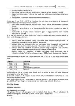 Istituto Comprensivo Lodi 1° – Piano dell’Offerta Formativa 2015-2016
30
Ø raccolta differenziata dei rifiuti;
Ø assunzione di comportamenti rispettosi dei materiali e degli ambienti comuni;
Ø ricezione di informazioni relative alla tutela del patrimonio ambientale del proprio
territorio
Ø aree protette e tutela dell’ambiente naturale il Lombardia.;
Anche per l’ a.s. 2015 – 2016, si ribadisce che sul piano organizzativo gli insegnanti
opereranno secondo le seguenti indicazioni:
• costituendo “team di docenti” operanti nella stessa classe, che siano funzionali ed
efficaci;
• ribadendo la contitolarità e la corresponsabilità dei docenti operanti nel team di
classe;
• finalizzando al meglio l’orario scolastico per il raggiungimento delle finalità
pedagogiche indicate.
A tal fine si concorda che nella stesura dell’ orario scolastico dei diversi plessi scolastici si
terrà conto dei seguenti criteri:
• l’utilizzo delle ore eccedenti l’orario curricolare degli insegnanti per garantire la
completa copertura del quadro orario di altre classi;
• l’utilizzo delle ore eccedenti all’orario curricolare degli insegnanti per garantire
l’assistenza, dove necessario, durante il periodo mensa e durante l’intervallo;
• l’utilizzo delle ore eccedenti all’orario curricolare degli insegnanti per garantire,
dove è possibile, l'insegnamento alternativo alla religione cattolica
• l’utilizzo delle ore eccedenti all’orario curricolare degli insegnanti per il
potenziamento dell’offerta formativa e recupero BES a livello di classe e/o di plesso
Le lezioni hanno inizio alle ore 8.30 e terminano alle 16.30 con la seguente articolazione
tipo :
ORARIO ATTIVITA’
08.30 – 10.30 Lezione
10.30 – 10.45 Intervallo
10.45 – 12.30 Lezione
12.30 – 14.30 Pausa pranzo e ricreazione
14.30 – 16.30 Lezione
L’articolazione oraria indicata può subire lievi variazioni a seconda delle esigenze
organizzative dei singoli plessi.
E’ previsto un servizio di pre/post scuola, fornito dall’Amministrazione Comunale, in base
alle esigenze delle famiglie.
Ogni insegnante svolge il suo orario di servizio secondo uno schema collegialmente
prestabilito all’inizio di ogni anno scolastico, che si trova agli atti della Direzione.
3.3.2. Le risorse
Gli edifici scolastici:
S.F. Cabrini - C.so Archinti
Nel plesso, oltre alle aule occupate per le normali attività di classe, (11 aule tutte dotate di
computer collegato a internet e 10 classi con LIM) sono disponibili :
§cucina;
 