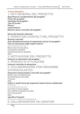 Istituto Comprensivo di Lodi I – Piano dell’Offerta Formativa 2015-2016
83
*Campo obbligatorio
1. DATI GENERALI DEL PROGETTO
Specificare le caratteristiche del progetto *
Titolo del progetto *
Tipologia del progetto *
Tipo di scuola *
Plesso *
classi/sezioni *
Numero alunni coinvolti nel progetto *
Modifica questo modulo
Nome del docente referente *
2. OPERATORI COINVOLTI NEL PROGETTO
Docenti coinvolti *
Area disciplinare/campo di esperienza inclusi nel progetto *
Tipo di consulenza degli esperti esterni *
puoi selezionare più voci
Nessun tipo di consulenza
Consulenza scientifica
Consulenza tecnico-operativa
Altro:
3. MOTIVAZIONE DEL PROGETTO
Indicare le motivazioni del progetto *
4. PERIODO DI ATTUAZIONE
Indicare il periodo di attuazione *
5. COLLABORAZIONE CON ORGANISMI
EXTRASCOLASTICI
Organismi extrascolastici coinvolti nel progetto *
Nessun tipo di collaborazione
Amministrazione comunale
Provincia
Altro:
Indica in quale forma gli organismi esterni hanno collaborato
Powered by
puoi selezionare più voci
Con l'invio di propri esperti
Con l'offerta di proposte formative
Con finanziamenti
Altro:
specifica l'importo
solo se si è chiesto un finanziamento
6. COLLABORAZIONE DEI GENITORI
 