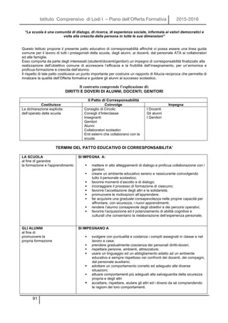 Istituto Comprensivo di Lodi I – Piano dell’Offerta Formativa 2015-2016
91
“La scuola è una comunità di dialogo, di ricerca, di esperienza sociale, informata ai valori democratici e
volta alla crescita della persona in tutte le sue dimensioni”
Questo Istituto propone il presente patto educativo di corresponsabilità affinché vi possa essere una linea guida
comune per il lavoro di tutti i protagonisti della scuola, dagli alunni, ai docenti, dal personale ATA ai collaboratori
ed alle famiglie.
Esso comporta da parte degli interessati (studenti/docenti/genitori) un impegno di corresponsabilità finalizzato alla
realizzazione dell’obiettivo comune di accrescere l’efficacia e la fruibilità dell’insegnamento, per un’armonica e
proficua formazione e crescita dell’alunno.
Il rispetto di tale patto costituisce un punto importante per costruire un rapporto di fiducia reciproca che permetta di
innalzare la qualità dell’Offerta formativa e guidare gli alunni al successo scolastico.
Il contratto comprende l’esplicazione di:
DIRITTI E DOVERI DI ALUNNI, DOCENTI, GENITORI
Il Patto di Corresponsabilità
Costituisce Coinvolge Impegna
La dichiarazione esplicita
dell’operato della scuola
Consiglio di Circolo
Consigli d’Interclasse
Insegnanti
Genitori
Alunni
Collaboratori scolastici
Enti esterni che collaborano con la
scuola
I Docenti
Gli alunni
I Genitori
TERMINI DEL PATTO EDUCATIVO DI CORRESPONSABILITA’
LA SCUOLA
al fine di garantire
la formazione e l'apprendimento
SI IMPEGNA A:
§ mettere in atto atteggiamenti di dialogo e proficua collaborazione con i
genitori;
§ creare un ambiente educativo sereno e rassicurante coinvolgendo
tutto il personale scolastico;
§ favorire momenti d’ascolto e di dialogo;
§ incoraggiare il processo di formazione di ciascuno;
§ favorire l’accettazione degli altri e la solidarietà;
§ promuovere le motivazioni all’apprendere;
§ far acquisire una graduale consapevolezza nelle proprie capacità per
affrontare, con sicurezza, i nuovi apprendimenti;
§ rendere l’alunno consapevole degli obiettivi e dei percorsi operativi;
§ favorire l’acquisizione ed il potenziamento di abilità cognitive e
culturali che consentano la rielaborazione dell’esperienza personale;
GLI ALUNNI
al fine di
promuovere la
propria formazione
SI IMPEGNANO A
§ svolgere con puntualità e costanza i compiti assegnati in classe e nel
lavoro a casa;
§ prendere gradualmente coscienza dei personali diritti-doveri;
§ rispettare persone, ambienti, attrezzature;
§ usare un linguaggio ed un abbigliamento adatto ad un ambiente
educativo e sempre rispettoso nei confronti dei docenti, dei compagni,
del personale ausiliario;
§ adottare un comportamento corretto ed adeguato alle diverse
situazioni;
§ attuare comportamenti più adeguati alla salvaguardia della sicurezza
propria e degli altri
§ accettare, rispettare, aiutare gli altri ed i diversi da sé comprendendo
le ragioni dei loro comportamenti.
 