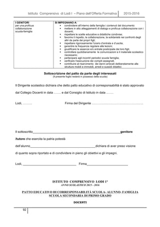 Istituto Comprensivo di Lodi I – Piano dell’Offerta Formativa 2015-2016
92
I GENITORI
per una proficua
collaborazione
scuola-famiglia
SI IMPEGNANO A:
§ condividere all’interno della famiglia i contenuti del documento
§ mettere in atto atteggiamenti di dialogo e proficua collaborazione con i
docenti;
§ rispettare le scelte educative e didattiche condivise;
§ favorire il rispetto, la collaborazione, la solidarietà nei confronti degli
altri da parte dei propri figli;
§ rispettare rigorosamente l’orario d’entrata e d’uscita;
§ garantire la frequenza regolare alle lezioni;
§ giustificare le assenze e/o entrate posticipate dei loro figli;
§ controllare quotidianamente le comunicazioni e il materiale scolastico
necessario;
§ partecipare agli incontri periodici scuola famiglia;
§ verificare l'esecuzione dei compiti assegnati.
§ contribuire al risarcimento dei danni arrecati deliberatamente alle
strutture mobili e immobili, arredi e sussidi didattici
Sottoscrizione del patto da parte degli interessati
(Il presente foglio resterà in possesso della scuola)
Il Dirigente scolastico dichiara che detto patto educativo di corresponsabilità è stato approvato
dal Collegio Docenti in data ……. e dal Consiglio di Istituto in data …….
Lodi, ……… Firma del Dirigente …………………………………………..
Il sottoscritto___________________________________________________genitore
/tutore che esercita la patria potestà
dell’alunno______________________________________dichiara di aver preso visione
di quanto sopra riportato e di condividere in pieno gli obiettivi e gli impegni.
Lodi, _______________________________ Firma________________________
ISTITUTO COMPRENSIVO LODI 1°
ANNO SCOLASTICO 2015 - 2016
PATTO EDUCATIVO DI CORRESPONSABILITÀ SCUOLA- ALUNNO- FAMIGLIA
SCUOLA SECONDARIA DI PRIMO GRADO
DOCENTI
 