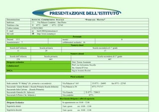 PPPRRREEESSSEEENNNTTTAAAZZZIIIOOONNNEEE DDDEEELLLLLL’’’IIISSSTTTIIITTTUUUTTTOOO
Denominazione ISTITUTO COMPRENSIVO STATALE “PASQUALE MATTEJ”
Indirizzo  Via Palazzo Condotto – San Pietro
Telefono e fax  0771 – 24495 / 0771 - 22745
Codice istituto LTIC812003
E –mail @ ltic812003@istruzione.it
Siti web  http://www.icmattej.it
Personale
Docenti 13 5 tecnici 0
Amministrativi 7 collaboratori scolastici 16
Numero classi
Scuola dell’infanzia Scuola primaria Scuola secondaria di 1° grado
11 29 17
Numero alunni
Scuola dell’infanzia Scuola primaria Scuola secondaria di 1° grado
278 663 407
Dirigente scolastico Dott. Teresa Assaiante
Collaboratori Prof. ssa Gelsomina Nocella
Ins. Grazia D’Urso
DSGA Sig.ra Assunta Rossini
Plessi scolastici
Sede centrale “P. Mattej” (Sc. primaria e secondaria) Via Palazzo n° 163  0771 – 24495 fax 0771 - 22745
Succursale Gianni Rodari ( Scuola Primaria Scuola Infanzia)
Succursale Italo Calvino (Scuola Primaria)
Via Palazzo n.70 0771-771717
Succursale Gianola (Sc. Infanzia) Via Gianola  0771 - 720013
Succursale S.Pietro ( Sc. Infanzia ) Via condotto 0771-
Ricevimento Dirigente e uffici di segreteria
Dirigente Scolastico Su appuntamento ore 10:00 – 12:00
Segreteria alunni Tutti i giorni ore 10.00 – 12.00
Segreteria docenti Tutti i giorni ore 10.00 – 12.00
 