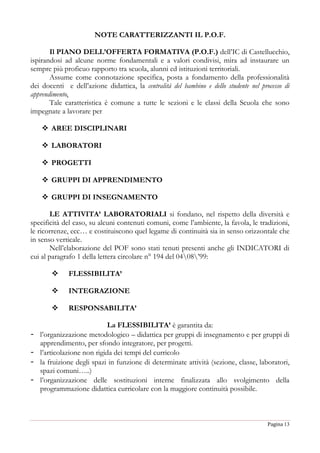 Pagina 13
NOTE CARATTERIZZANTI IL P.O.F.
Il PIANO DELL’OFFERTA FORMATIVA (P.O.F.) dell’IC di Castellucchio,
ispirandosi ad alcune norme fondamentali e a valori condivisi, mira ad instaurare un
sempre più proficuo rapporto tra scuola, alunni ed istituzioni territoriali.
Assume come connotazione specifica, posta a fondamento della professionalità
dei docenti e dell’azione didattica, la centralità del bambino e dello studente nel processo di
apprendimento.
Tale caratteristica è comune a tutte le sezioni e le classi della Scuola che sono
impegnate a lavorare per
 AREE DISCIPLINARI
 LABORATORI
 PROGETTI
 GRUPPI DI APPRENDIMENTO
 GRUPPI DI INSEGNAMENTO
LE ATTIVITA’ LABORATORIALI si fondano, nel rispetto della diversità e
specificità del caso, su alcuni contenuti comuni, come l’ambiente, la favola, le tradizioni,
le ricorrenze, ecc… e costituiscono quel legame di continuità sia in senso orizzontale che
in senso verticale.
Nell’elaborazione del POF sono stati tenuti presenti anche gli INDICATORI di
cui al paragrafo 1 della lettera circolare n° 194 del 0408’99:
 FLESSIBILITA’
 INTEGRAZIONE
 RESPONSABILITA’
La FLESSIBILITA’ è garantita da:
- l’organizzazione metodologico – didattica per gruppi di insegnamento e per gruppi di
apprendimento, per sfondo integratore, per progetti.
- l’articolazione non rigida dei tempi del curricolo
- la fruizione degli spazi in funzione di determinate attività (sezione, classe, laboratori,
spazi comuni…..)
- l’organizzazione delle sostituzioni interne finalizzata allo svolgimento della
programmazione didattica curricolare con la maggiore continuità possibile.
 