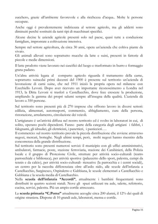 Pagina 16
zucchero, grazie all’ambiente favorevole e alla ricchezza d’acqua.. Molte le persone
occupate.
Anche oggi è prevalentemente indirizzata al settore agricolo, ma gli addetti sono
diminuiti perchè sostituiti da tanti tipi di macchinari specifici.
Alcune decine le aziende agricole presenti solo nel paese, quasi tutte a conduzione
famigliare, improntate a coltivazione intensiva.
Sempre nel settore agricoltura, da circa 30 anni, opera un’azienda che coltiva piante da
vivaio.
Gli animali allevati sono soprattutto mucche da latte e suini, presenti in fattorie di
piccole e medie dimensioni.
Il latte prodotto viene lavorato nei caseifici del luogo e trasformato in burro e formaggio
grana padano.
Un’altra attività legata al comparto agricolo riguarda il trattamento della carne,
soprattutto suina:dai primi decenni del 1900 è presente sul territorio un’azienda di
lavorazione di carni suine, che nel 1911 iniziò la propria opera nel milanese con
Ezechiello Levoni. Dopo aver ricevuto un importante riconoscimento a Londra nel
1913, la Ditta Levoni si trasferì a Castellucchio, dove fece crescere la produzione,
ampliando la gamma dei propri salumi sempre all’insegna della qualità. L’azienda dà
lavoro a 350 persone.
Sul territorio sono presenti più di 270 imprese che offrono lavoro in diversi settori:
edilizia, alimentari, autotrasporti, commercio, abbigliamento, cura della persona,
ristorazione, arredamento, circolazione dei veicoli.
L’artigianato è un’attività diffusa nel nostro territorio ed è svolto in laboratori in cui, di
solito, operano pochi dipendenti. Fanno parte della categoria degli artigiani i fabbri, i
falegnami, gli idraulici, gli elettricisti, i panettieri, i pasticcieri….
Il commercio: sul nostro territorio prevale la piccola distribuzione che avviene attraverso
negozi, mercati, botteghe. Negli ultimi tempi, però, molti negozi hanno risentito della
concorrenza della grande distribuzione.
Sul territorio sono presenti numerosi servizi: il municipio con gli uffici amministrativi,
ambulatori, farmacie, poste, stazione ferroviaria, stazione dei Carabinieri, della Polizia
locale e il gruppo di Protezione Civile, strutture per attività socio-culturali (teatro
parrocchiale e biblioteca), per attività sportive (palazzetto dello sport, palestra, campi da
tennis e da calcio), per attività socio-culturali- ricreative (la parrocchia e i centri sociali),
un centro per la raccolta differenziata oltre all’asilo nido, alle scuole dell’infanzia a
Castellucchio, Sarginesco, Ospitaletto e Gabbiana, le scuole elementari a Castellucchio e
Gabbiana e la scuola media di Castellucchio.
Nella scuola dell’infanzia “Accordi”, attualmente i bambini frequentanti sono
distribuiti in quattro sezioni statali. Nove gli spazi utilizzati tra aule, salette, refettorio,
cucina, servizi, palestra. Più un ampio cortile attrezzato.
La scuola primaria “C.Poma” attualmente accoglie circa 200 alunni, il 12% dei quali di
origine straniera. Dispone di 10 grandi aule, laboratori, mensa e cortile.
 