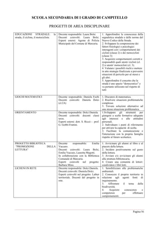 Pagina 56
SCUOLA SECONDARIA DI I GRADO DI CAMPITELLO
PROGETTI DI AREA DISCIPLINARE
EDUCAZIONE STRADALE: la
strada, il ciclista, il motociclista.
Docente responsabile: Laura Bolsi.
Docenti coinvolti: Laura Bolsi.
Esperti esterni: Agente di Polizia
Municipale del Comune di Marcaria.
1. Approfondire la conoscenza della
segnaletica stradale e delle norme del
Nuovo Codice della Strada.
2. Sviluppare la comprensione dei
fattori fisiologici e psicologici
interagenti con i comportamenti dei
ciclisti (classe 2) e dei motociclisti
(classe 3)
3. Acquisire comportamenti corretti e
responsabili quali utenti /ciclisti (cl.
2) e utenti/ motociclisti (cl. 3).
4. Valutare i possibili rischi e mettere
in atto strategie finalizzate a prevenire
situazioni di pericolo per sé stessi e
gli altri.
5. Approfondire il concetto che la
strada è uno spazio “democratico” e
va pertanto utilizzato nel rispetto di
tutti
GIOCHI MATEMATICI Docente responsabile: Daniela Fochi
Docenti coinvolti: Daniela Dolci
(cl.2A)
1. Discutere di matematica.
2. Risolvere situazioni problematiche
complesse.
3. Trovare soluzioni alternative ad
una stessa situazione problematica.
ORIENTAMENTO Docente responsabile: Dolci Daniela.
Docenti coinvolti: docenti classi
terze.
Esperti esterni: dott. S. Riccò - prof.
G. Gobbi Frattini.
1.Sviluppare gli strumenti per
giungere a scelte formative adeguate
agli interessi e alle attitudini
personali.
2. Individuare i punti di riferimento
per attivare la capacità di scelta.
3. Facilitare la comunicazione e
l'interazione con la propria famiglia
rispetto al futuro scolastico.
PROGETTO BIBLIOTECA
"PROMOZIONE DELLA
LETTURA"
Docente responsabile: Emilia
Vaccaro.
Docenti coinvolti: Laura Bolsi,
Emilia Vaccaio, Lauretta Magotti.
In collaborazione con la Biblioteca
Comunale di Marcaria.
Esperti coinvolti nel progetto:
Barbara Mino.
1. Avvicinare gli alunni al libro e al
piacere della lettura.
2. Incidere positivamente sul gusto
della lettura.
3. Avviare e/o avvicinare gli alunni
alla struttura bibliotecaria.
4. Creare una comunità di lettori:
condividere i libri letti.
LICHENI IN RETE Docente responsabile: Dolci Daniela.
Docenti coinvolti: Daniela Dolci.
Esperti coinvolti nel progetto: Labter
territoriale. Docenti del progetto in
rete.
1. Sensibilizzare alle problematiche
ambientali.
2. Conoscere il proprio territorio in
relazione agli agenti fonti di
inquinamento.
3. Affrontare il tema della
biodiversità.
4. Acquisire conoscenze e
competenze per effettuare
campionamenti.
 