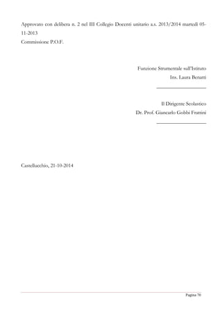 Pagina 70
Approvato con delibera n. 2 nel III Collegio Docenti unitario a.s. 2013/2014 martedì 05-
11-2013
Commissione P.O.F.
Funzione Strumentale sull’Istituto
Ins. Laura Benatti
___________________
Il Dirigente Scolastico
Dr. Prof. Giancarlo Gobbi Frattini
___________________
Castellucchio, 21-10-2014
 