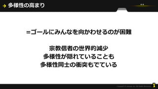 多様性の高まり
=ゴールにみんなを向かわせるのが困難
宗教信者の世界的減少
多様性が隠れていることも
多様性同士の衝突もでている
 