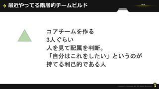 最近やってる階層的チームビルド
コアチームを作る
3人ぐらい
人を見て配属を判断。
「自分はこれをしたい」というのが
持てる利己的である人
 