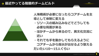 最近やってる階層的チームビルド
人海戦術が必要になったらコアチームを主
導として体制に変える
・リソースの組み込みなどでどうしても
必要な局面が来る
・ほかチームから来るので、異文化交流に
近い
・それでも手を動かしてもらえるように
コアチームから指示が出せるよう整える
だいたい10～15人ぐらい
 