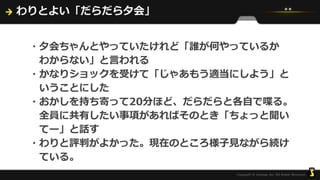 わりとよい「だらだら夕会」
・夕会ちゃんとやっていたけれど「誰が何やっているか
わからない」と言われる
・かなりショックを受けて「じゃあもう適当にしよう」と
いうことにした
・おかしを持ち寄って20分ほど、だらだらと各自で喋る。
全員に共有したい事項があればそのとき「ちょっと聞い
てー」と話す
・わりと評判がよかった。現在のところ様子見ながら続け
ている。
 