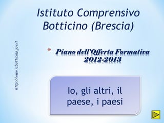 Istituto Comprensivo
                                  Botticino (Brescia)
http://www.icbotticino.gov.it




                                      Io, gli altri, il
                                      paese, i paesi
 