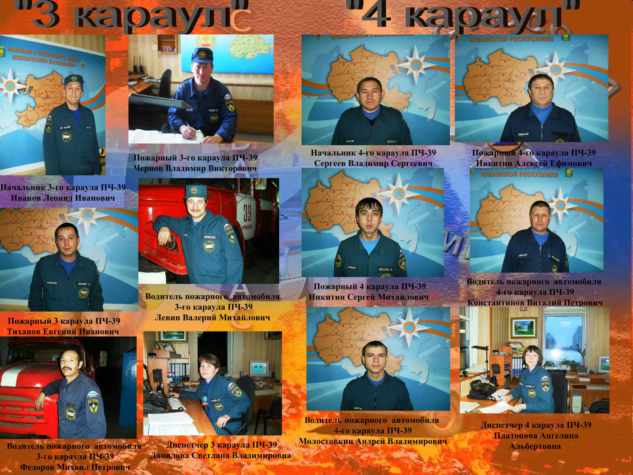Начальник 4-го караула ПЧ-39     Пожарный 4-го караула ПЧ-39
                               Пожарный 3-го караула ПЧ-39
                                                                    Сергеев Владимир Сергеевич       Никитин Алексей Ефимович
                               Чернов Владимир Викторович

Начальник 3-го караула ПЧ-39
  Иванов Леонид Иванович




                                                                                                   Водитель пожарного автомобиля
                                                                    Пожарный 4 караула ПЧ-39
                                 Водитель пожарного автомобиля                                           4-го караула ПЧ-39
                                                                   Никитин Сергей Михайлович
                                       3-го караула ПЧ-39                                          Константинов Виталий Петрович

 Пожарный 3 караула ПЧ-39          Левин Валерий Михайлович
 Тиханов Евгений Иванович




                                                                  Водитель пожарного автомобиля
                                                                                                      Диспетчер 4 караула ПЧ-39
                                                                        4-го караула ПЧ-39
                                                                                                        Платонова Ангелина
                                  Диспетчер 3 караула ПЧ-39      Молостовкин Андрей Владимирович
 Водитель пожарного автомобиля                                                                              Альбертовна
       3-го караула ПЧ-39      Данилова Светлана Владимировна
    Федоров Михаил Петрович
 