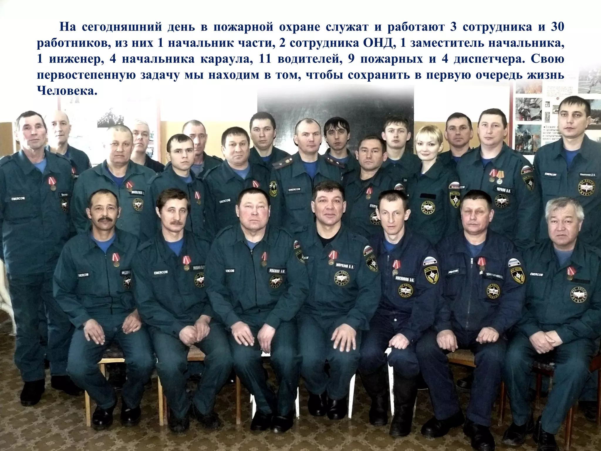 На сегодняшний день в пожарной охране служат и работают 3 сотрудника и 30
работников, из них 1 начальник части, 2 сотрудника ОНД, 1 заместитель начальника,
1 инженер, 4 начальника караула, 11 водителей, 9 пожарных и 4 диспетчера. Свою
первостепенную задачу мы находим в том, чтобы сохранить в первую очередь жизнь
Человека.
 