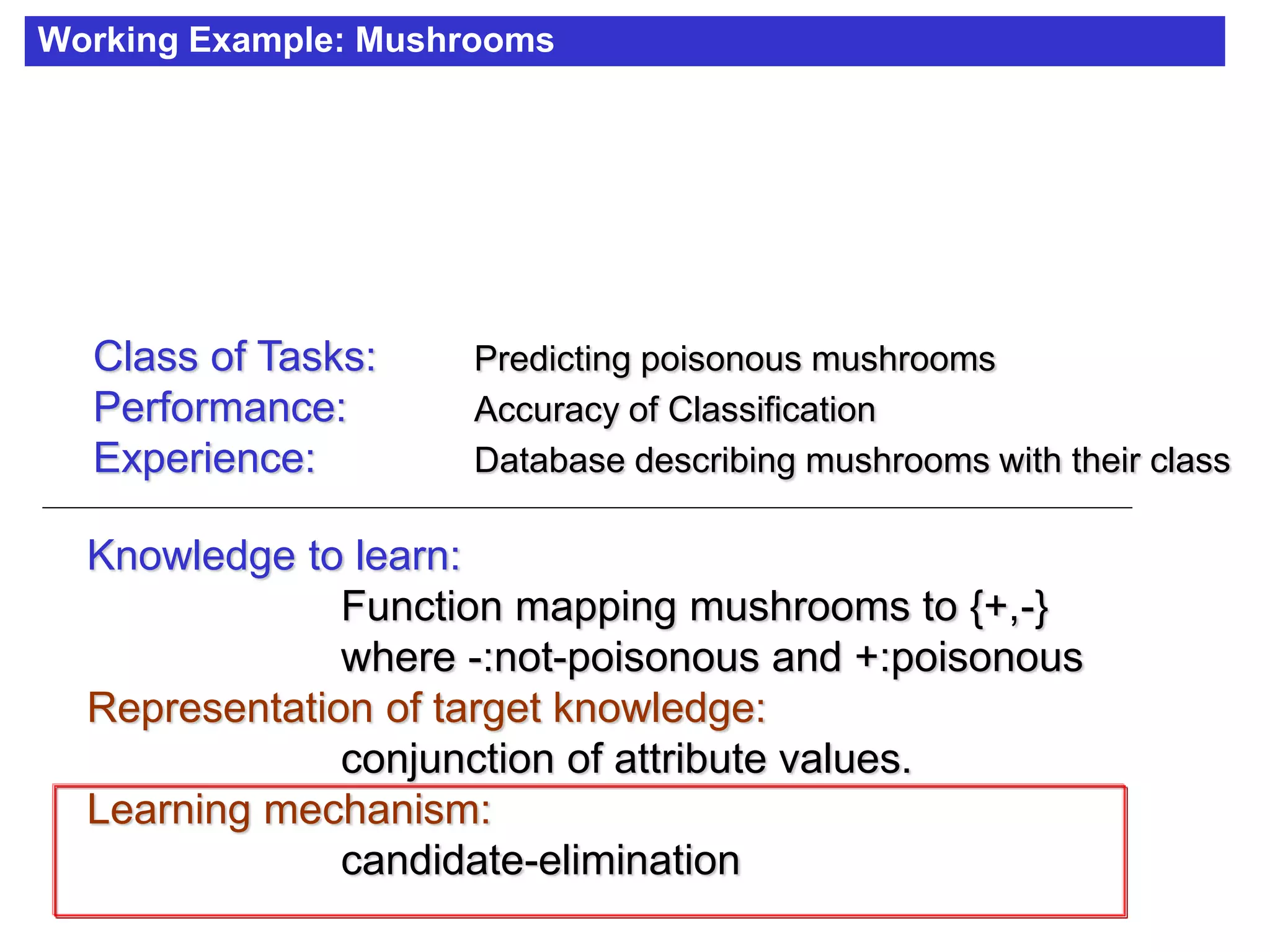Working Example: Mushrooms
Class of Tasks: Predicting poisonous mushrooms
Performance: Accuracy of Classification
Experience: Database describing mushrooms with their class
Knowledge to learn:
Function mapping mushrooms to {+,-}
where -:not-poisonous and +:poisonous
Representation of target knowledge:
conjunction of attribute values.
Learning mechanism:
candidate-elimination
 